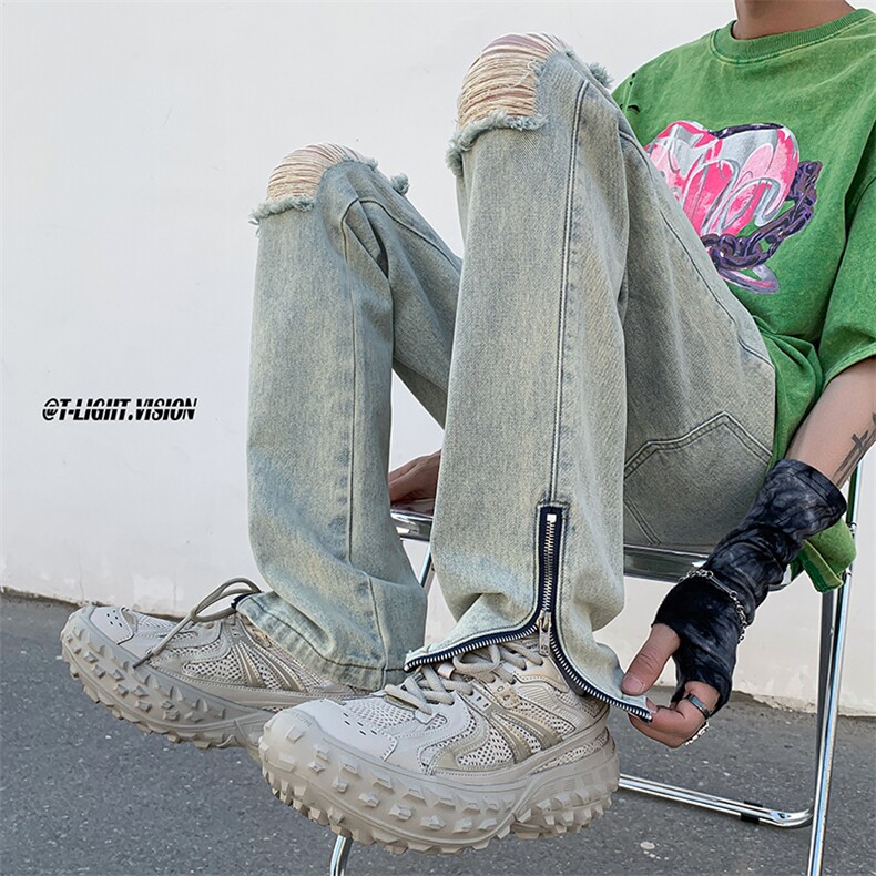 B221美式ins高街暗黑拉链小脚弹力破洞牛仔裤LK23060-P65控88,男装牛仔裤,电商B221