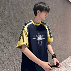 抖音得物品质二开240克宽松纯棉美式潮牌插肩三杠织带短袖T恤，男装T恤，电商A486