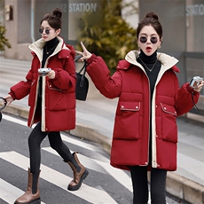 时尚拼色羽绒棉服女中长款冬季2024新款韩版宽松连帽加厚棉袄外套，女装棉衣/棉服，牡丹诺