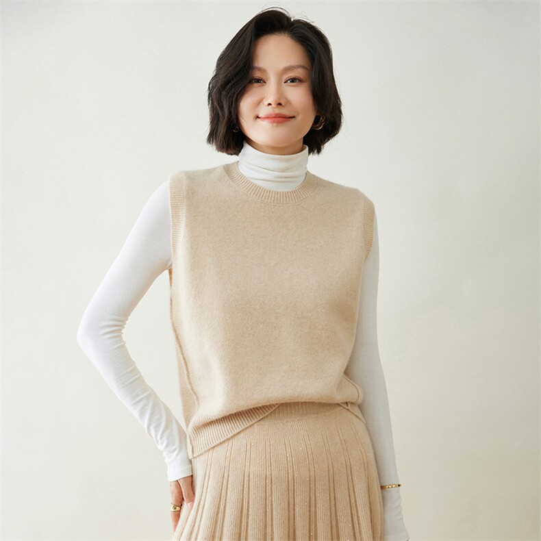 时尚百搭女士羊绒马甲简约圆领无袖针织背心优雅显瘦毛衣外套，女装马甲，迎冬羊绒