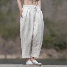 纯亚麻砂洗工艺夏季薄宽松小脚褶皱九分裤子男K28，男装休闲裤，星座704A（原B229A）