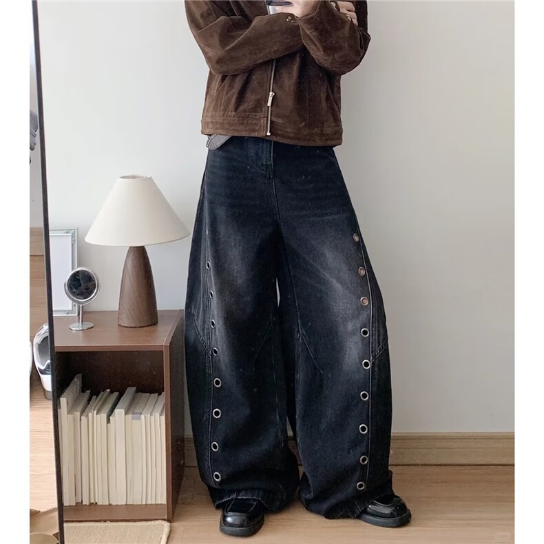 大码美式复古排扣解构设计感牛仔裤男女潮牌宽松阔腿垂感弯刀长裤图片
