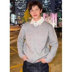 老钱风灰色假两件衬衫领针织衫男秋冬休闲V领毛衣内搭M8819，男装针织衫/毛衣，星座1116A（原606A-3）