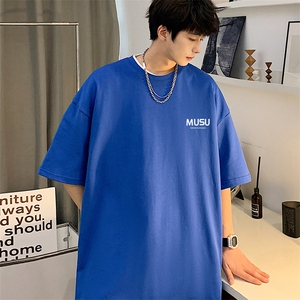T003男士休闲字母印花宽松五分袖半截袖纯棉T恤大码男女青少年潮图片