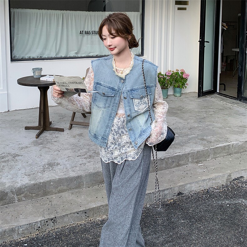 2025年春季牛仔马甲蕾丝打底衫时尚两件套女,女装套装/套裙,秋水欣儿