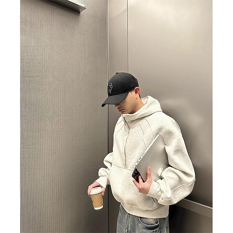 抖音得物高品质二开26春装重磅宽松结构拉链设计高领连帽卫衣W76,男装卫衣,电商A486-1