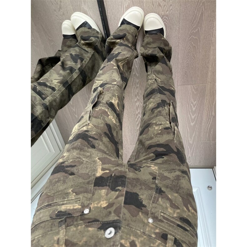 美式vibe高街迷彩多口袋修身工装裤嘻哈微喇裤男女K83096-P53网图图片