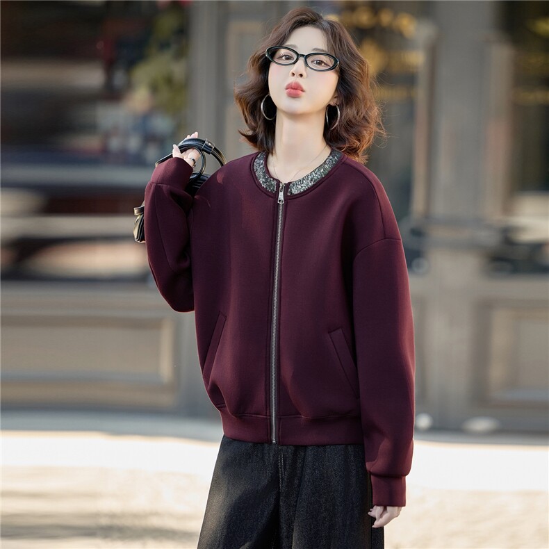 休闲外套女2026春季新款时尚气质圆领亮片短款上衣,女装短外套,美沁