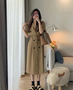 2022秋季新款通勤简约双排扣中长款连衣裙,女装连衣裙,L·H·X