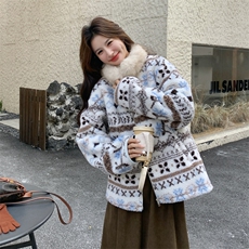 费尔岛风复古提花外套女2025冬新款加厚保暖羊羔绒皮毛一体短外套，女装棉衣/棉服，2C275