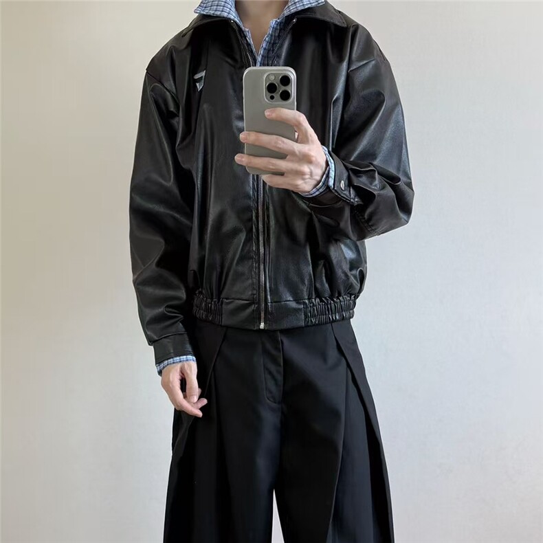 自家图~现货Cleanfit假两件刺绣小标PU皮衣夹克外套W1507/P85,男装皮衣,电商B350