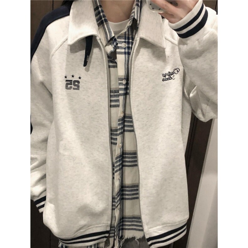林弯弯美式条纹拼接运动开衫男女春季立领撞色插肩袖情侣夹克外套,男装夹克,星座506A