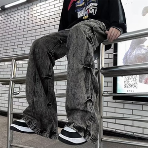 欧美vibe风高街裤子男工装机能织带扣情侣潮牌直筒牛仔裤N22-P53图片