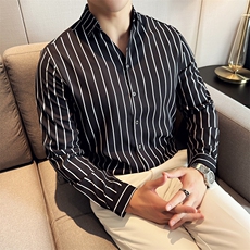 简约条纹V领韩版英伦显瘦衬衫商务绅士衬衣男C016C/P55控75，男装衬衫，电商A243