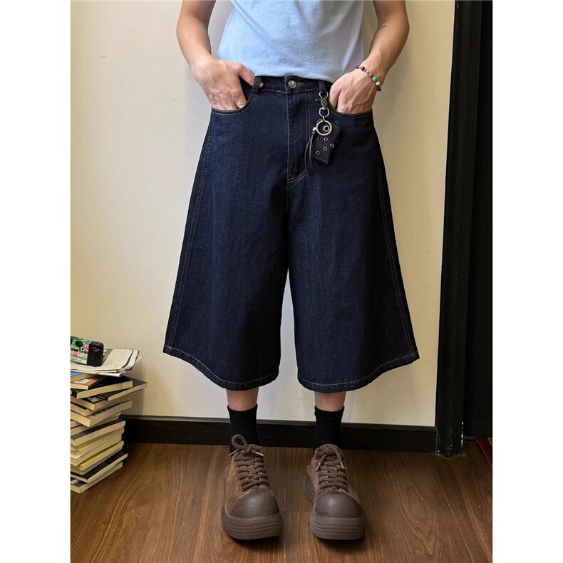 美式复古彩色字母印花七分裤男女夏季新款高街直筒休闲牛仔短裤子,男装牛仔裤,星座715-4