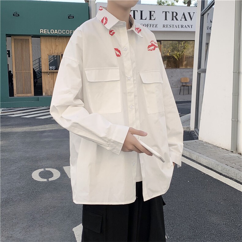 2025秋口红印花纯棉长袖衬衫潮流衬衣男宽松大码CS20P45,男装衬衫,电商C323
