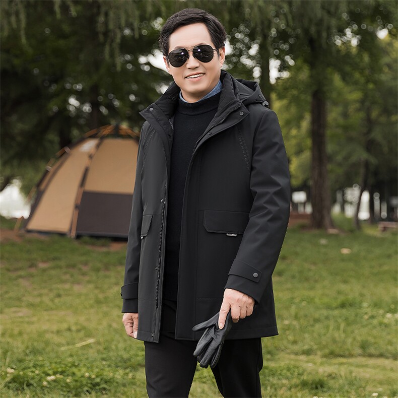 鹅羽绒爸爸外套保暖御寒脱卸内胆中长款中老年简洁休闲版父亲冬装图片