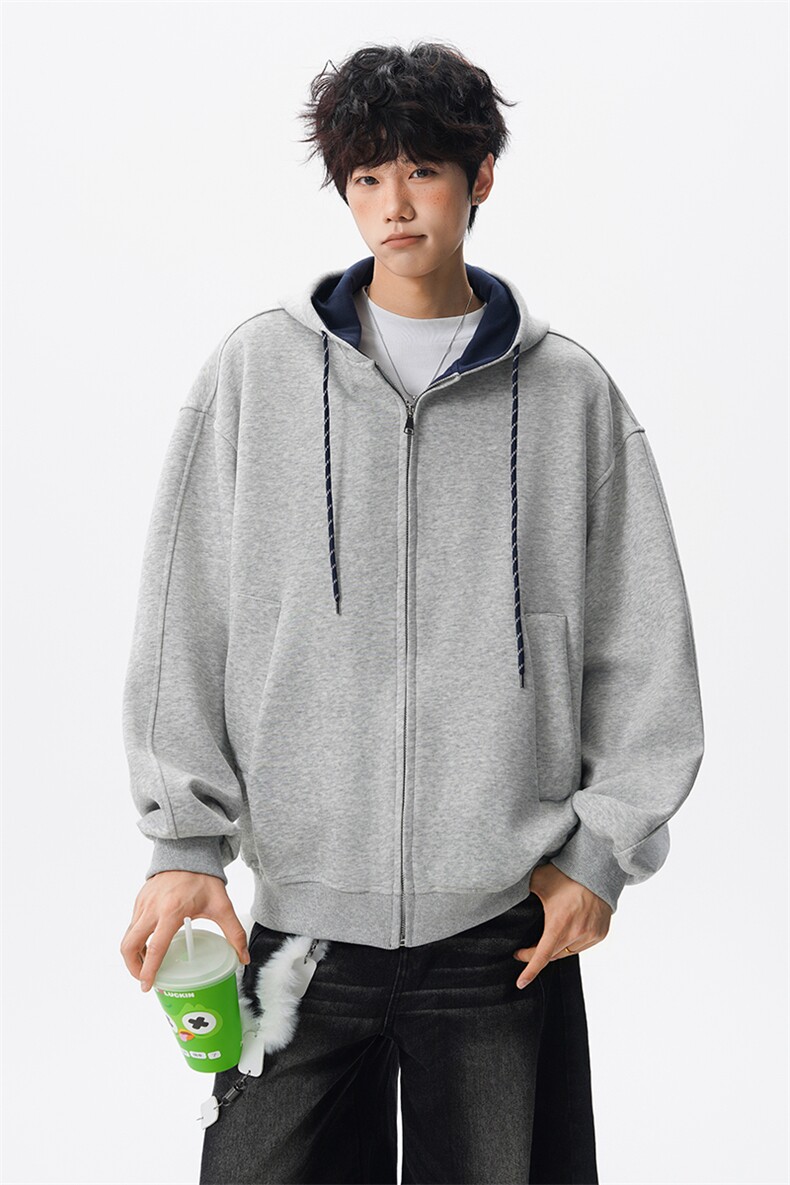 8XL-M秋连帽卫衣男宽松休闲纯色拉链开衫外套拼色帽衫运动WY27P65,女装短外套,电商D206-1