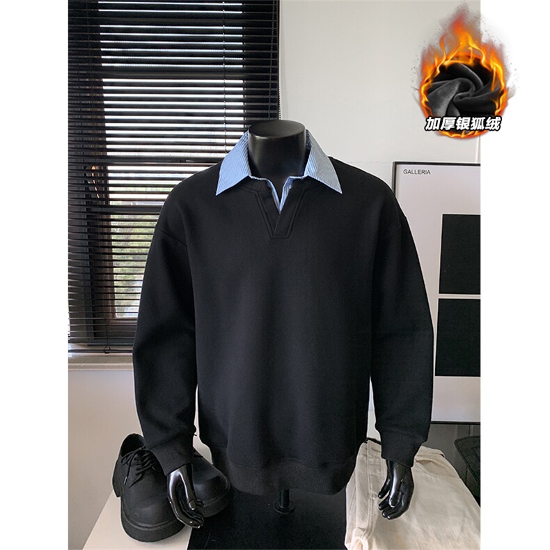 重磅华棉380g假两件Polo领加厚银狐绒卫衣男W5432J加绒-特P45控88,男装卫衣,电商A001