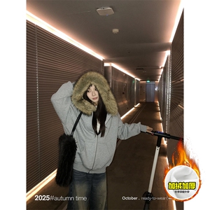 480G重磅加绒硬挺boxy秋冬美式高街超大毛领座山雕连帽卫衣厚外套图片