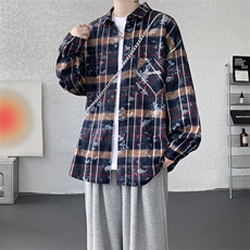 衬衫男春季新款港风宽松大码格子扎染刺绣长袖衬衣CS3016-P38，男装衬衫，星座214-3