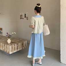 娃娃领衬衫半身裙套装女夏学院风流行超火两件套俏皮小个子爆款，女装套装/套裙，浙宝220