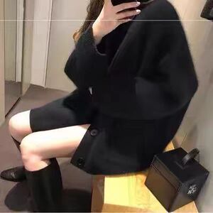 长袖针织开衫女宽松百搭纯色羊毛休闲外套上衣图片