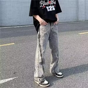3080-P52解构黑色弯刀牛仔裤男女潮流阔腿宽松风哈伦微喇裤子
