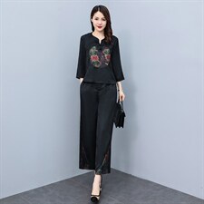 HXY803香云纱2022夏新款高端真丝时尚洋气复古套装阔腿裤两件套，商品下架区，华秀衣