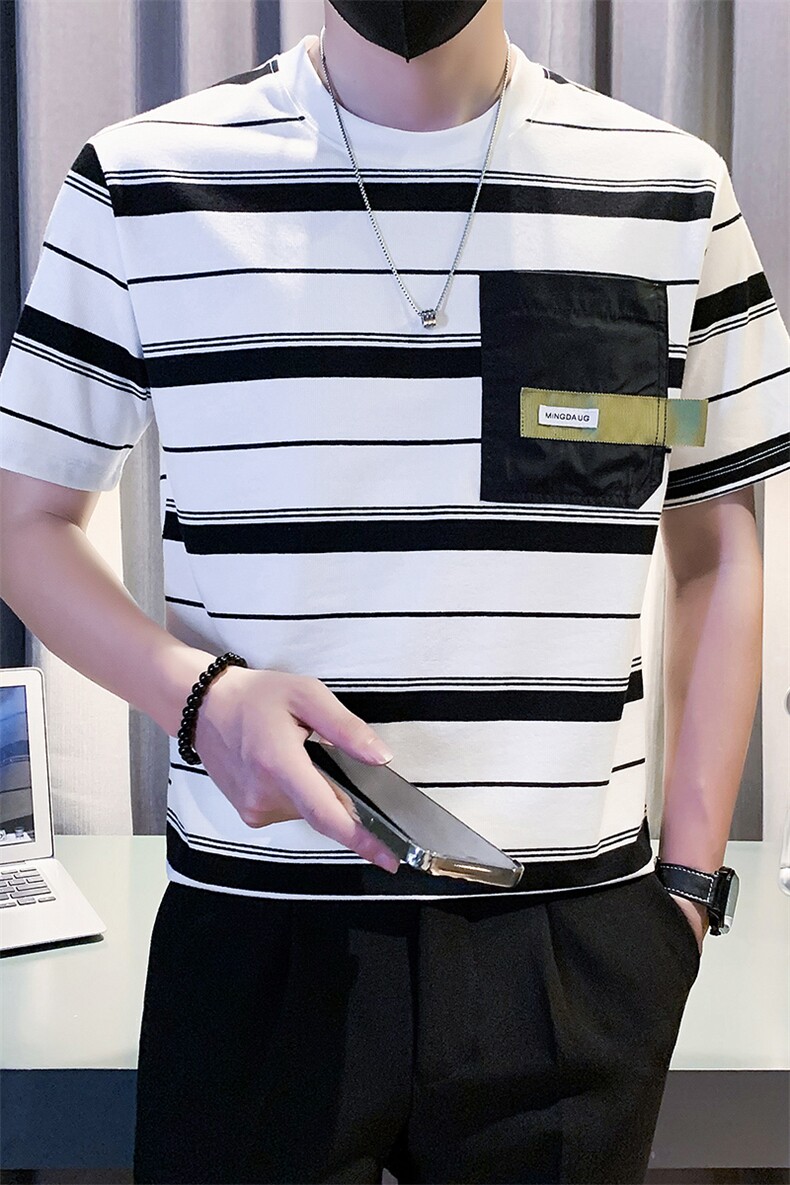 2025新款夏季短袖T恤男潮牌条纹圆领半袖体恤A313-1-23030-P48,男装T恤,电商A313-1
