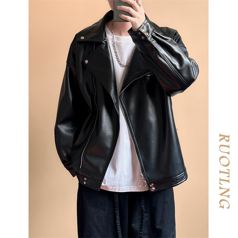 现货-春装皮衣外套男翻领休闲皮夹克潮牌PU机车服A506P90加绒100,男装夹克,电商A351