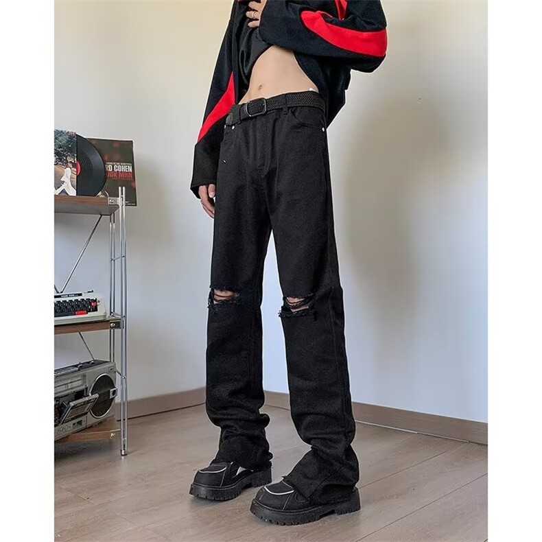 膝盖破洞牛仔裤男款痞帅高级感裤子美式vibe风直筒微喇裤NG12,男装牛仔裤,星座1116A-1（原606A）