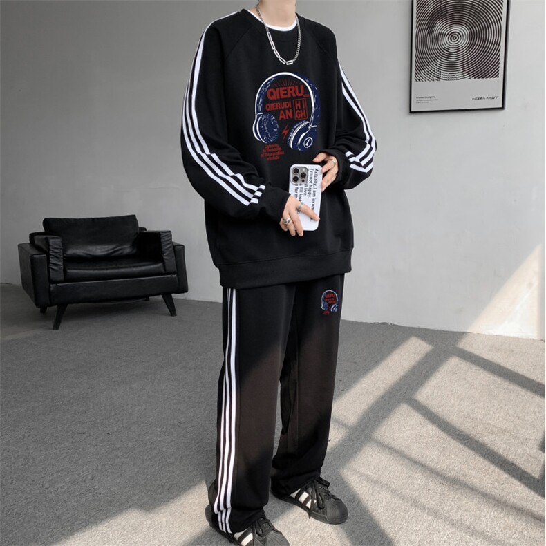 高品质3三条杠华棉卫衣休闲裤耳机套装男上衣P40裤子P45一套P85,男装休闲套装,电商A426-1(原A430-1)