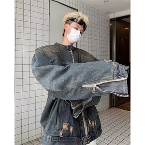 春秋日系刺绣水洗牛仔外套男BF风宽松立领工装上衣服夹克JKS114图片