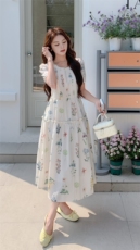 轻国风印花泡泡袖连衣裙女2025夏季新款复古甜美宽松小个子a字裙，女装连衣裙，2D148