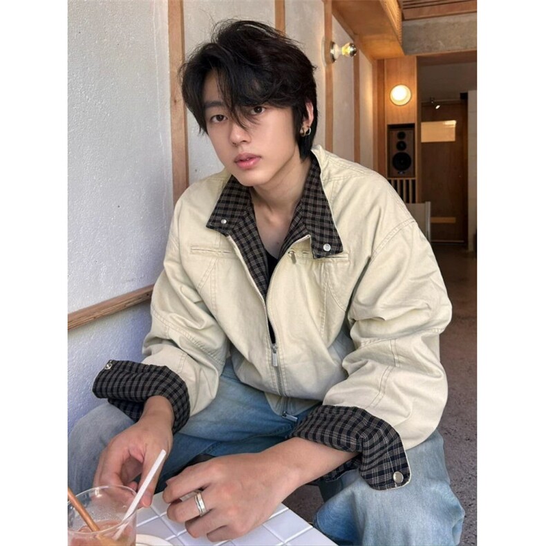 卡其色立领哈灵顿夹克男款秋季cleanfit千鸟格假两件工装短款,男装夹克,星座506A
