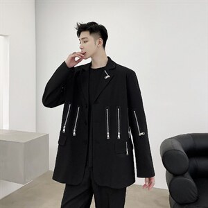 男西服外套走秀款多拉链拼接西装上衣潮A345-170-P135图片
