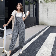 休闲气质灰色印花背带裤女夏2025新款松弛感穿搭连体裤爆款高级感，女装套装/套裙，2C259