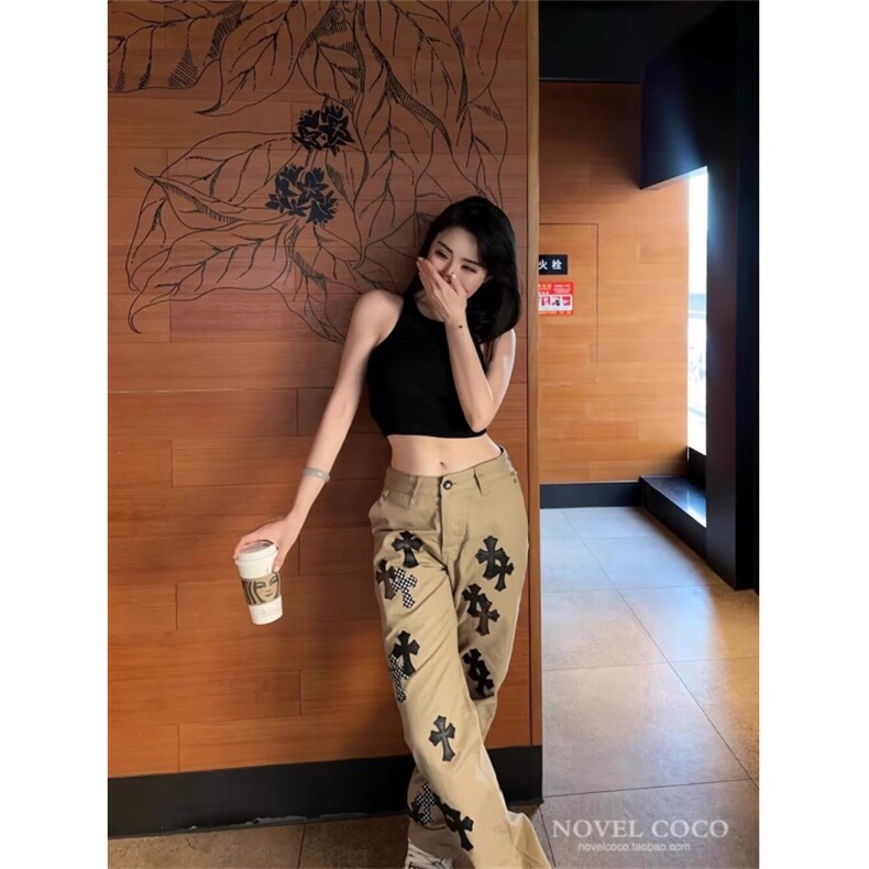 卡其色十字架拼皮牛仔裤女口袋宽松个性中低腰直筒显瘦休闲长裤女，男装皮裤，星座506A