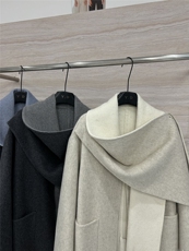 25秋冬新款高端围巾拼色慵懒风设计感羊毛外套(配腰带，女装双面呢大衣，依嘟服饰