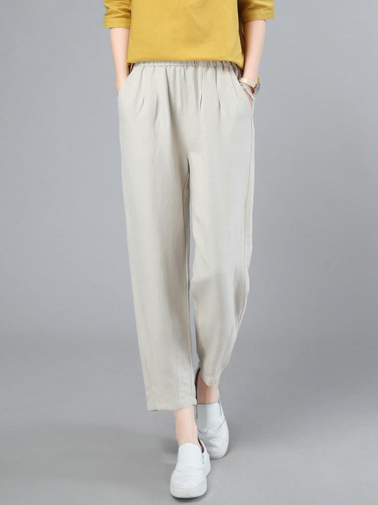 棉麻女裤休闲夏季薄款宽松百搭直筒长裤子松紧腰九分哈伦裤,女装休闲裤,璐依舞