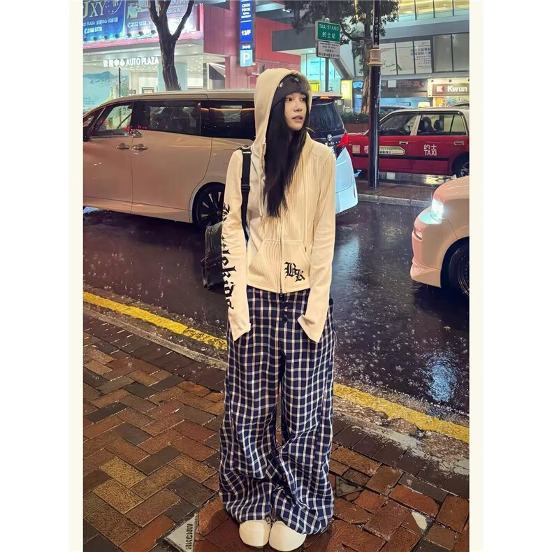 排扣格子裤男慵懒松弛感裤子加长款高个子潮牌痞帅炸街直筒拖地裤,男装休闲裤,星座1008