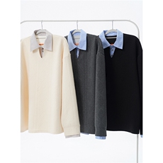 麦穗肌理感衬衫领拼条纹假两件卫衣大码上衣POLO衫外套LW618特P45，男装Polo衫，电商B215