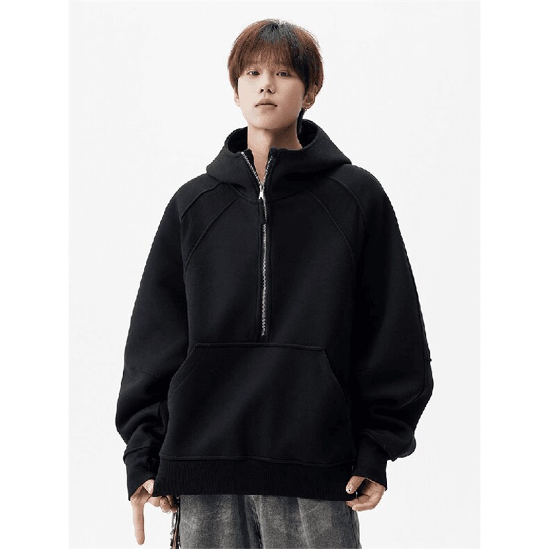 抖音得物高品质二开26春装重磅宽松结构拉链设计高领连帽卫衣W76,男装卫衣,电商A486