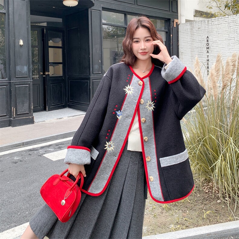 冬装复古刺绣内胆羽绒90绒毛呢外套2C050-1299-P285-K398,女装羽绒服,2C050