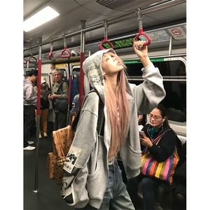 美式复古人像印花贴布连帽卫衣男女宽松休闲百搭帽衫外套 WB6003图片