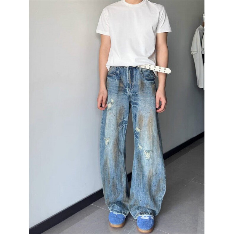 潮牌水洗脏染破洞弯刀牛仔裤宽松休闲阔腿裤子-NZ112-网络图，男装牛仔裤，星座1002-2