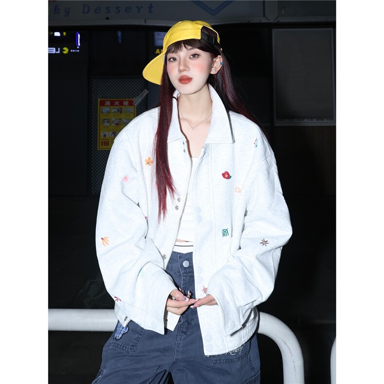 新品小花刺绣翻领外套男女美式复古短款百搭情侣夹克,男装夹克,星座613
