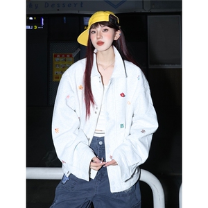 新品小花刺绣翻领外套男女美式复古短款百搭情侣夹克图片