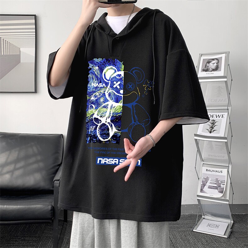 LD54290-P45NASA连帽短袖t恤男大码胖子带帽五分袖中袖,男装T恤,电商A040